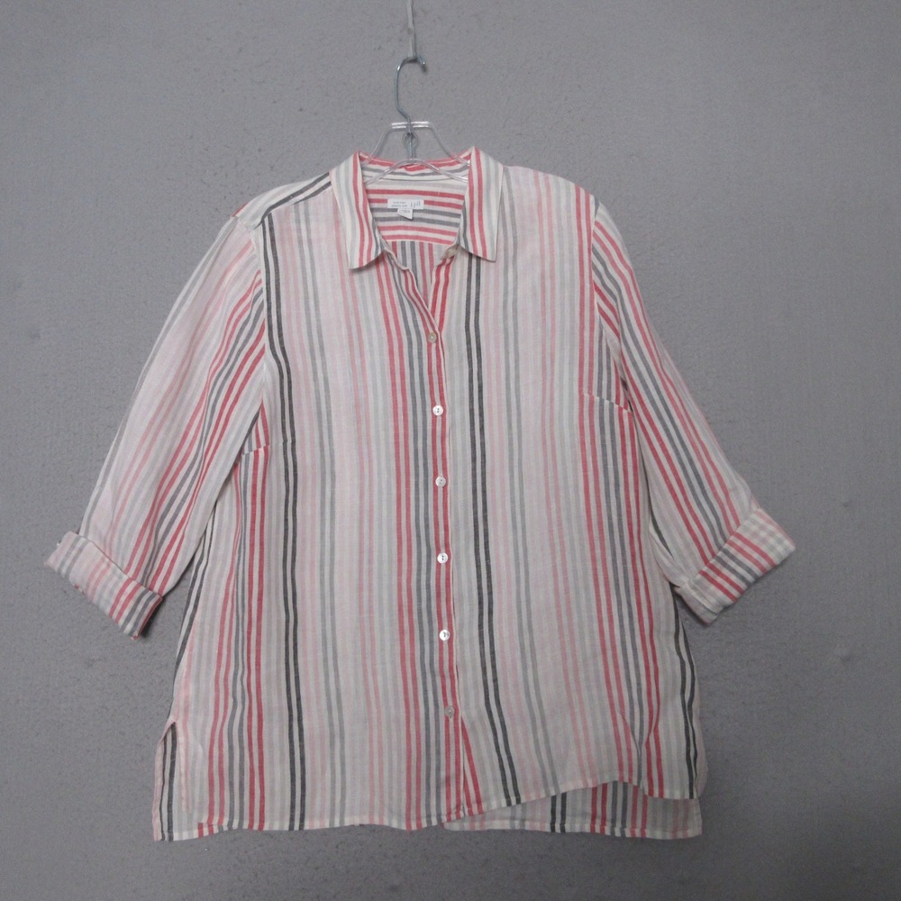 J Jill Love Linen‎ Top Medium Petite Essential Stripe Preppy Coastal Button